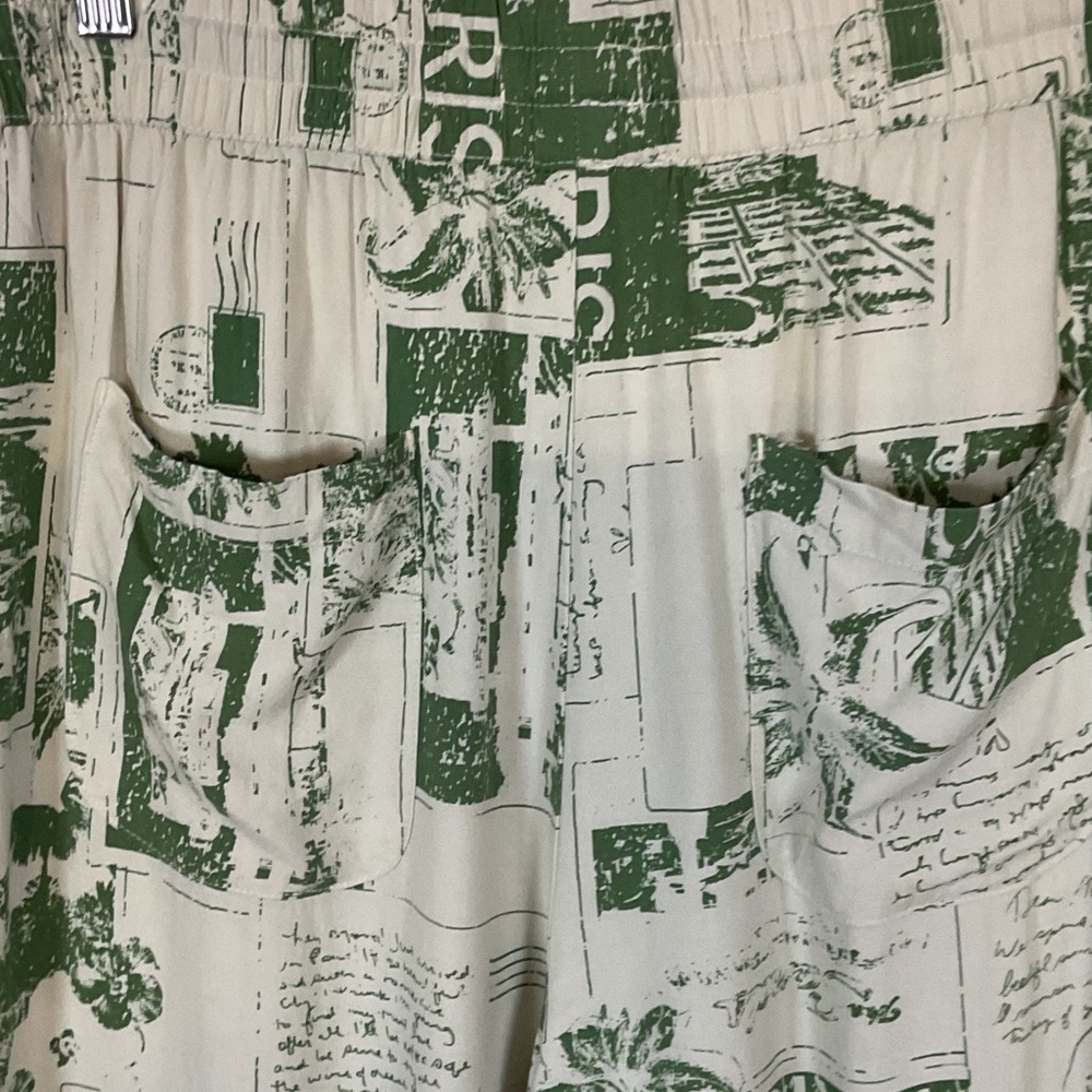 Urban Outfitters Wide Leg Printed Green Cream Beach Pants Large Flowy - Picture 9 of 11